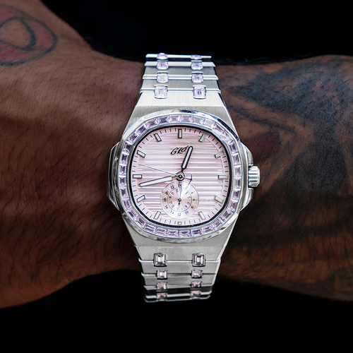 39MM Visionary Moissanite Iced Pink Stone Band Watch - White Gold