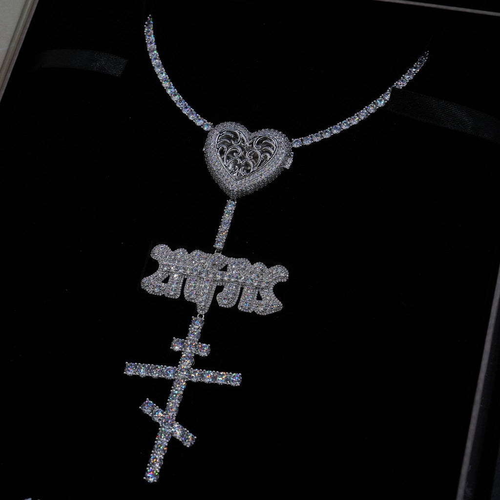 GLD X Bloody Osiris Moissanite Locket Rosary Chain in White Gold Vermeil