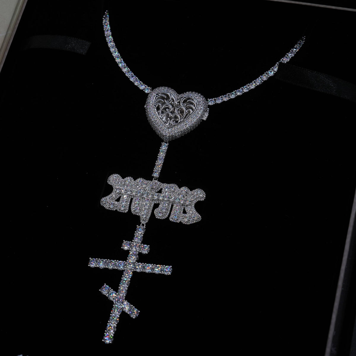GLD X Bloody Osiris Moissanite Locket Rosary Chain in White Gold Vermeil