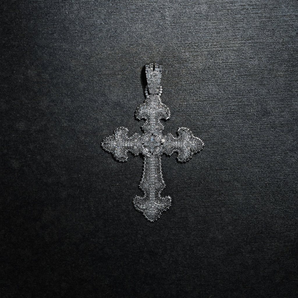 GLD X Bloody Osiris Iced Moissanite Large Cross Pendant in White Gold Vermeil