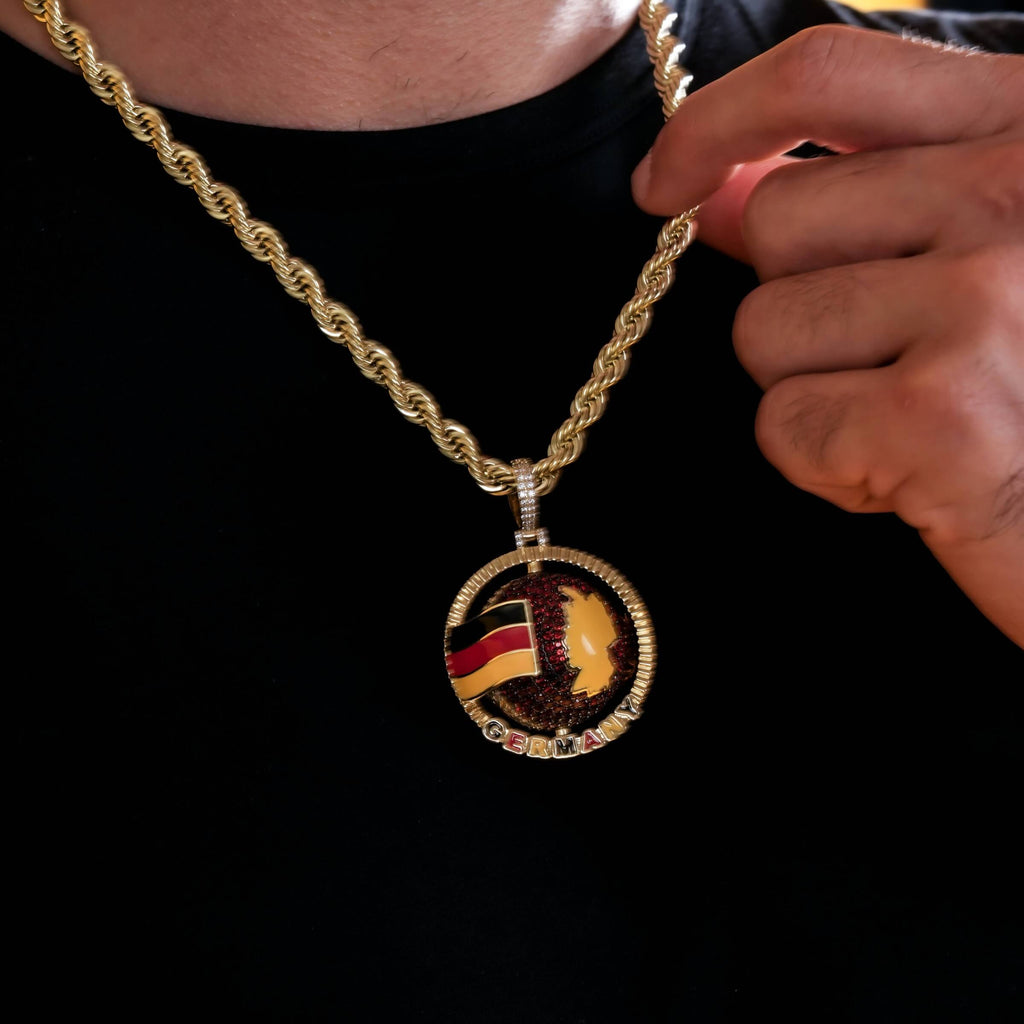 Diamond Germany Spinning Globe Flag Pendant in Yellow Gold