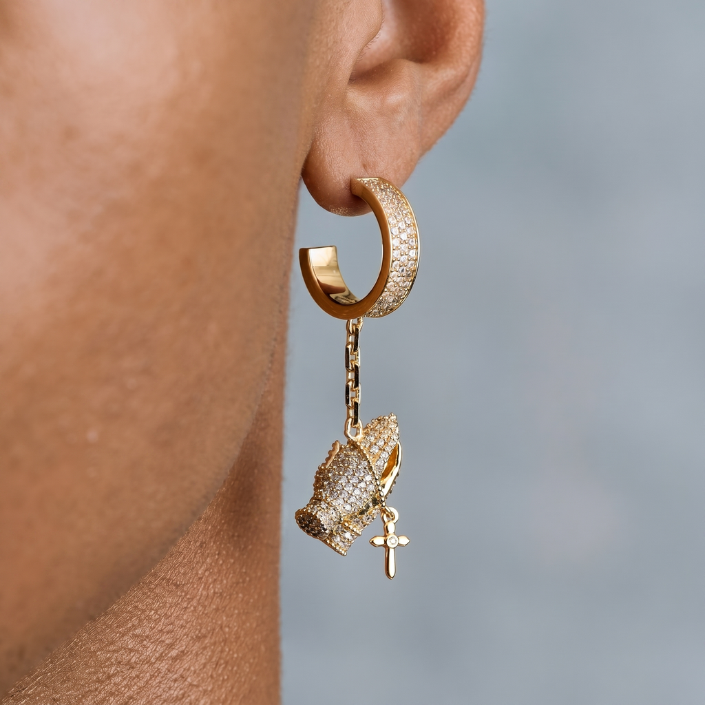 Iced Hanging Praying Hands Hoop Earring in Yellow Gold